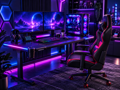 CALAX gaming desk in a dual monitor gaming and streaming workspace