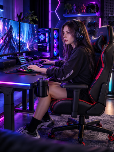 Gamer using CALAX gaming desk and gaming chair in an RGB gaming room